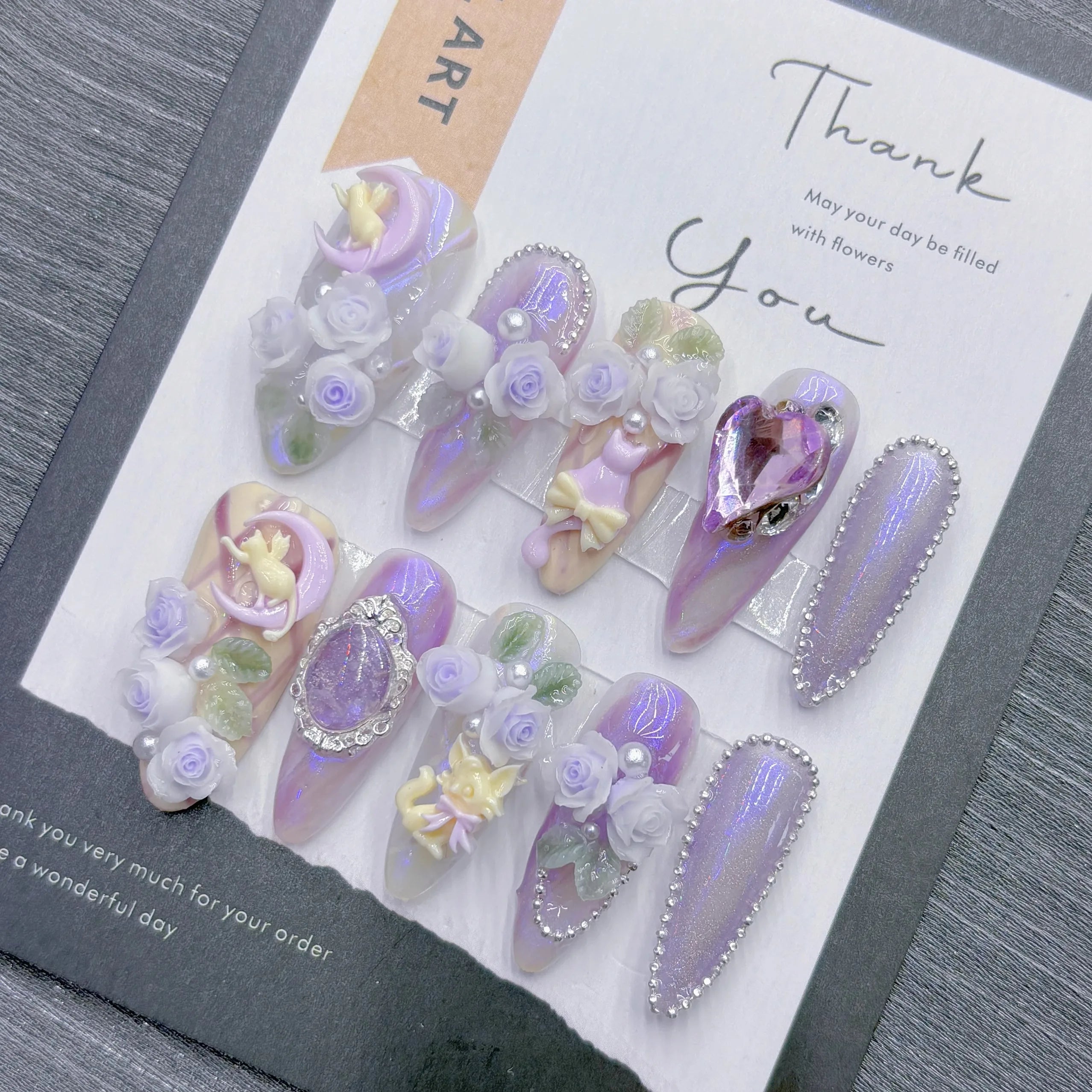 Qfdian 10Pcs High Quality Handmade Press on Nails High Cost Performance Hazy And Dreamy Nail Stickers Taro Purple Romance