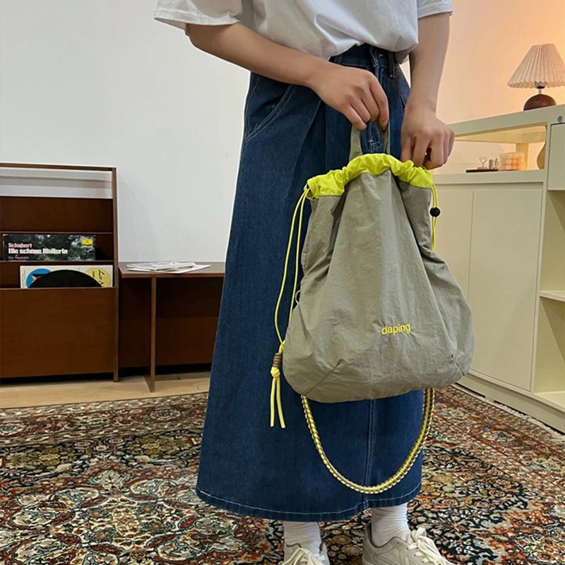 Qfdian Korean Style Solid Color Drawstring Bucket Bag Wrinkle Nylon Crossbody with Large Capacity And Adjustable Shoulder Strap
