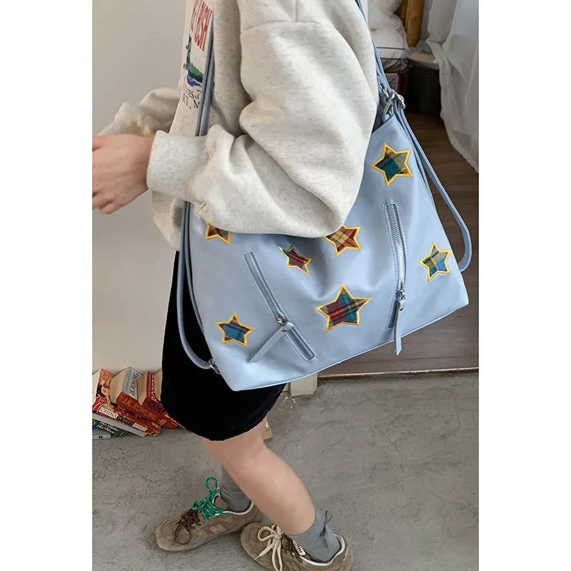 Qfdian Fashion Preppy Backpacks Casual Plaid Star Embroidery Crossbody Bags All Match Women Y2k Aesthetic Shoulder Handbags Streetwear