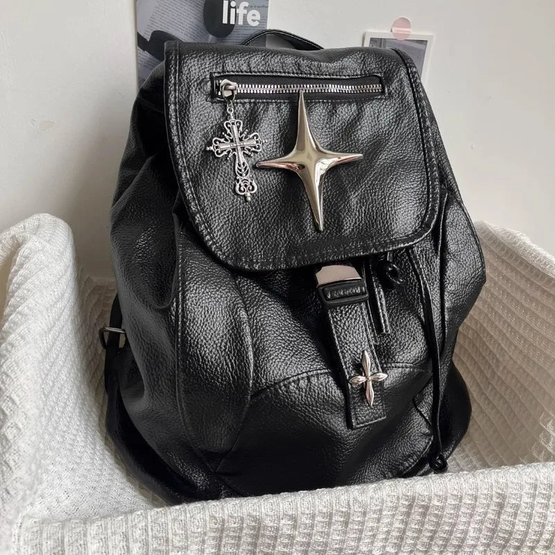 Qfdian Women Vintage Punk Star Cross Backpacks Y2k Aesthetic College Students Backpack Streetwear All Match Gothic Simple Schoolbags
