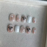 Qfdian 10 Pieces Bow Press on Nails Handmade Light Luxury Pearls Simple Short Fake Nails Cute Full Cover Nails Tips For Girls