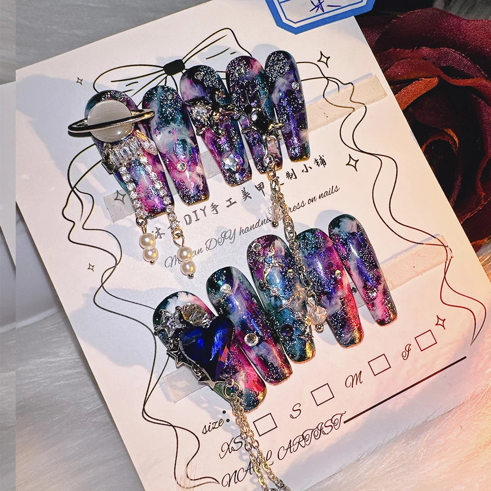 Qfdian 10P High Quality Handmade Press on Nails Cosmic Star Curse Constellation Sense Dark Explosion Flash Nail Art Real Shot Hot Girl