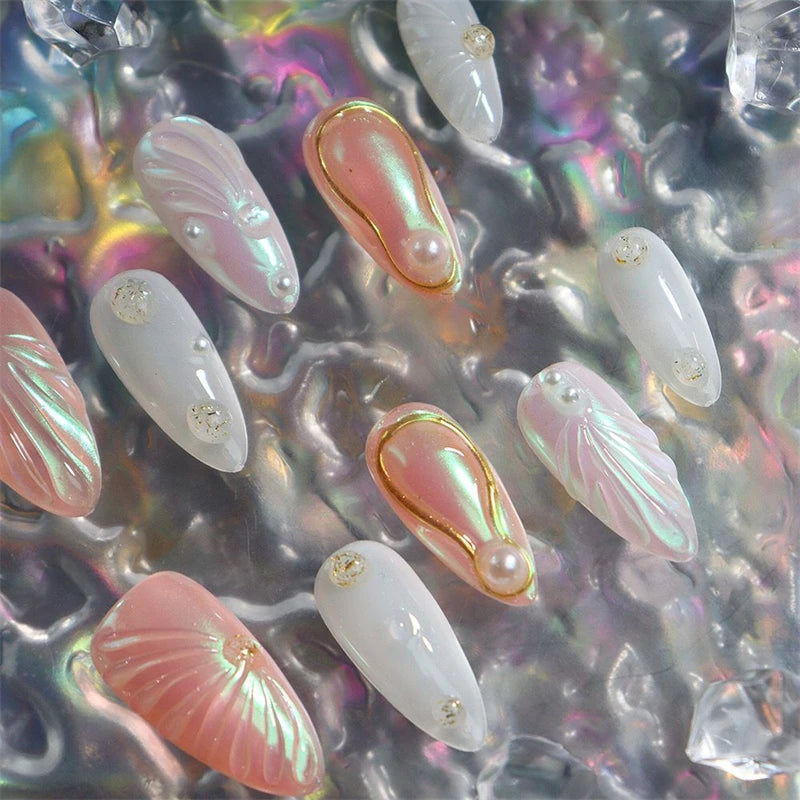 Qfdian 10pcs Almond Handmade Press On Nails Pearl Shell Aurora Design Meddle-length Full Cover Wear Manicure Art Finger Tips Decoration