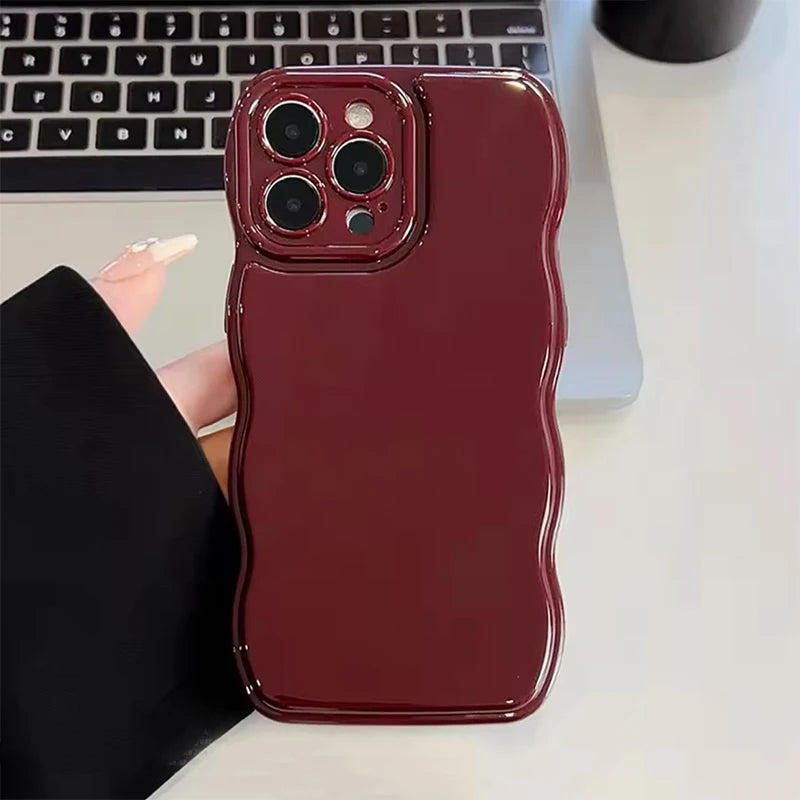 Qfdian Retro Wine Red Wavy Edge Bumper Phone Case For iPhone 16 Pro Max 15 13 11 12 14 Plus Soft Silicone Back Cover Shell