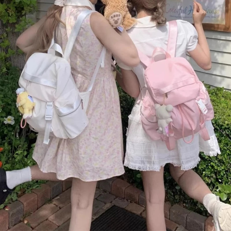 Qfdian All Match Drawstring Nylon Backpacks Women 2025 Casual Sweet Girls Travel Bags for Women Korean Simple Preppy Fashion Schoolbags