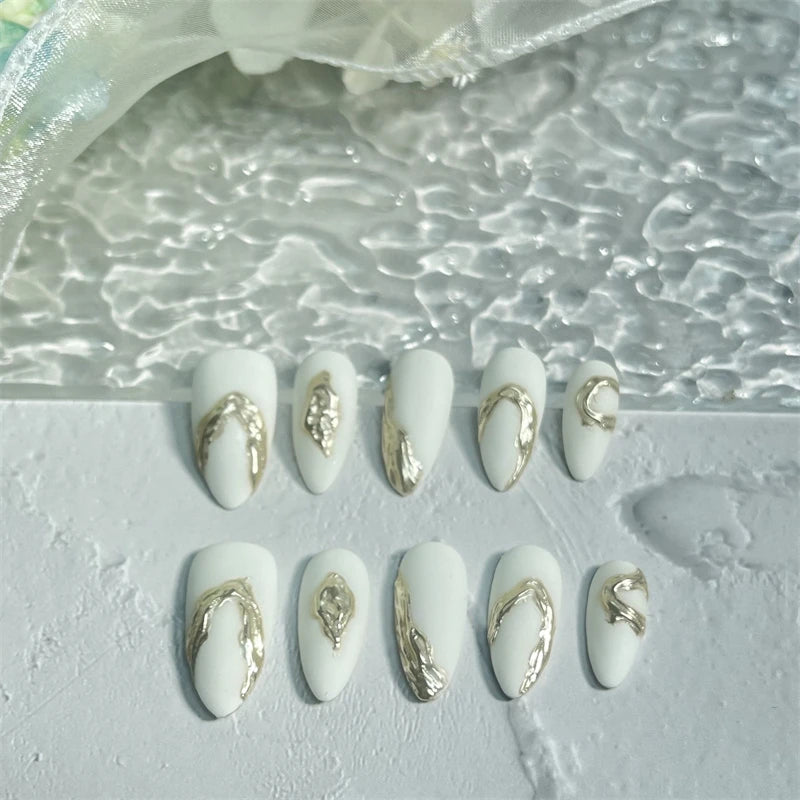 Qfdian 10pcs Almond Handmade Press on Nails White Foils Designed False Nails Manicure Artificial Short Full Cover Wearable Nail Tips