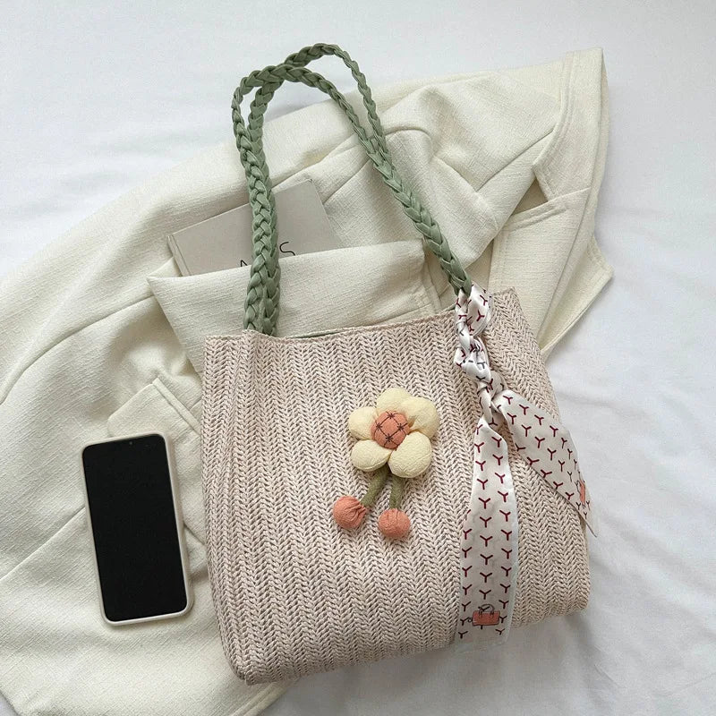 Qfdian Woven grass woven bag for women, large capacity fashionable new flower shoulder bag, casual shoulder bag, summer tote bag