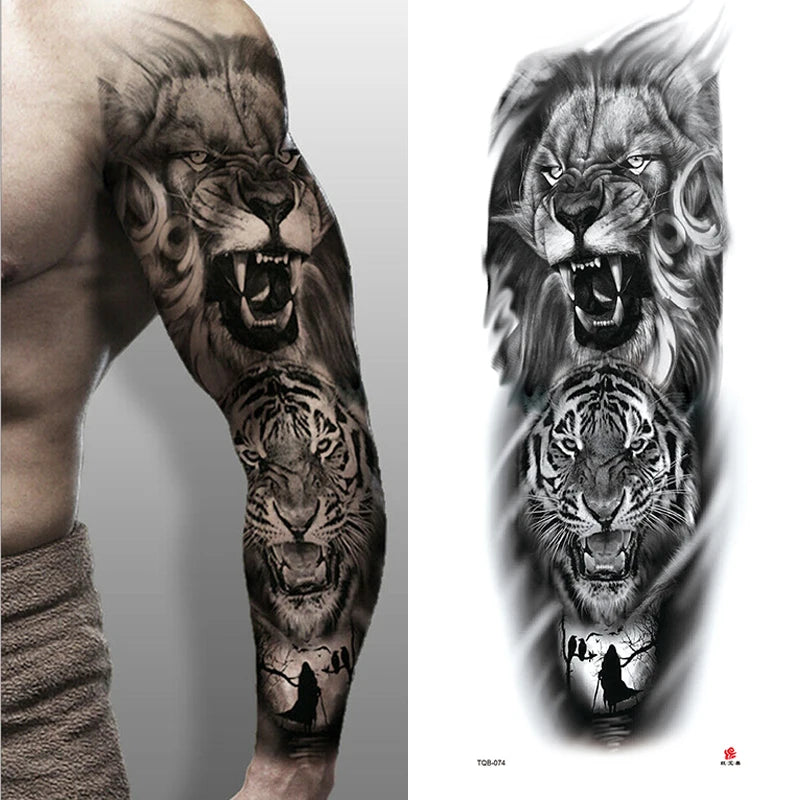 Qfdian Waterproof Full Arm Temporary Tattoo Sticker Tiger Lion Wolf Eye For Man Women Body Art Sleeve Flash Fake Shoulder Tatoo