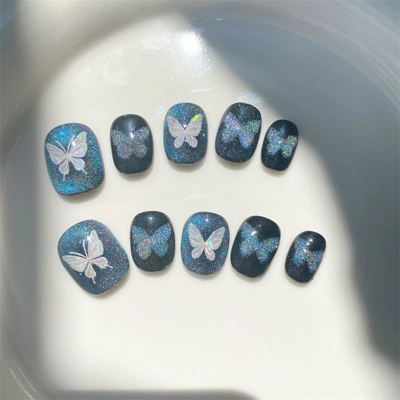 Qfdian Handmade Glitter Fake Nails Press On Nails Luxury Short Cat Eye Reusable Wearable Blue Ballerina False Nails Cute Finger Tips