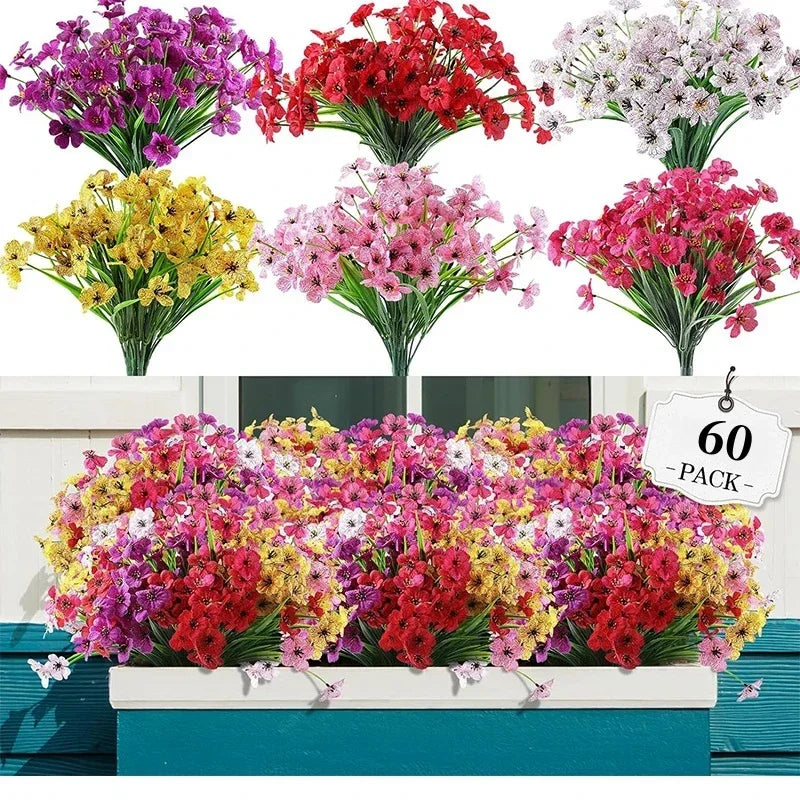 Qfdian 60 Bundles Artificial Flowers for Outdoor No Fade Fake Plastic Outside Flowers Faux Plants for Decoration Hanging Planters