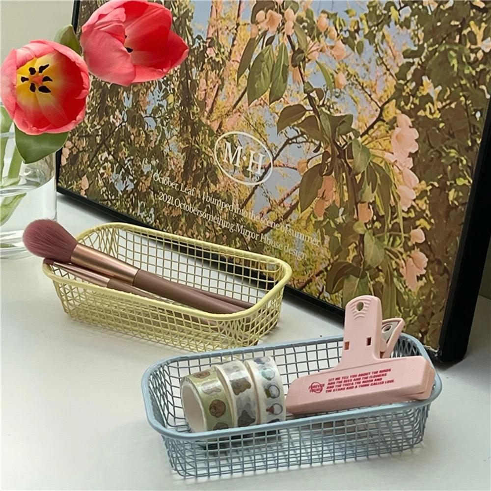 Qfdian Desktop Storage Basket INS Metal Sundries Organizer Basket Photocard Case Office Stationery Home Supplies Make Up Sorting Holder