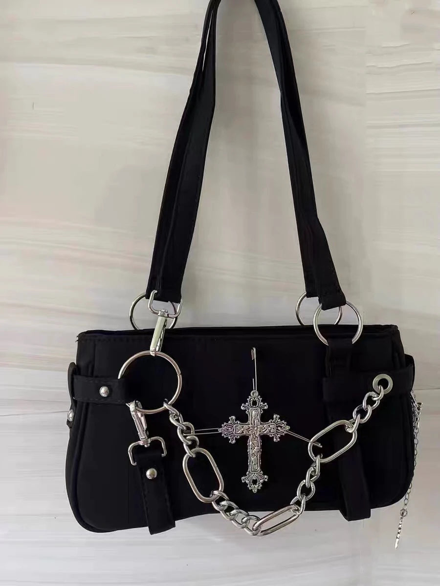 Qfdian Japanese Vintage Streetwear Punk Women Handbags Y2k Aesthetic Trendy Cross Chain Shoulder Bags Casual Fashion Chic Underarm Bag