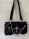Qfdian Japanese Vintage Streetwear Punk Women Handbags Y2k Aesthetic Trendy Cross Chain Shoulder Bags Casual Fashion Chic Underarm Bag