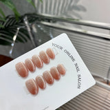Qfdian 10Pcs Short Oval Pure Handmade Gradient Brown Press On Nails Cat Eyes Wearable False Nails Full Cover Nail Tips Art for Lady
