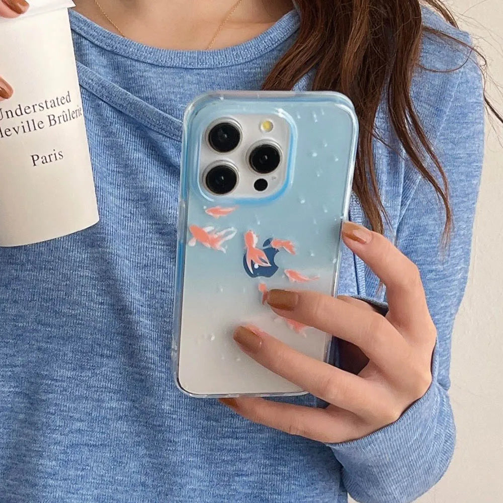 Qfdian Clear Blue Gradient Koi Fish Gloss Mobile Phone Protective Case For iPhone 12 13 14 15 Pro Max Coque For iPhone 16 Pro Max Cover