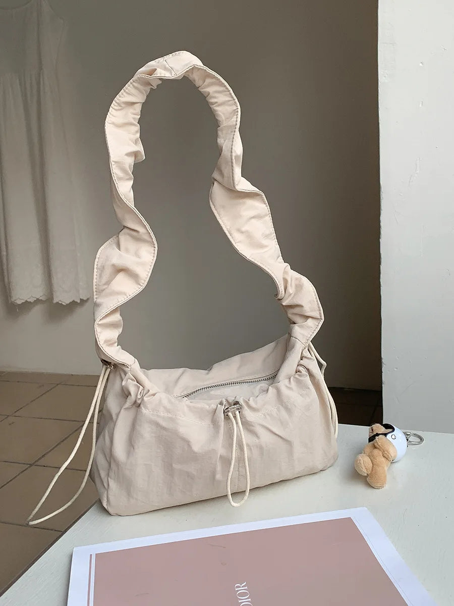 Qfdian Japanese Fashion Casual Women's Handbags Y2k Aesthetic All Match Nylon Simple Shoulder Bags Vintage Solid Pleated Underarm Bag