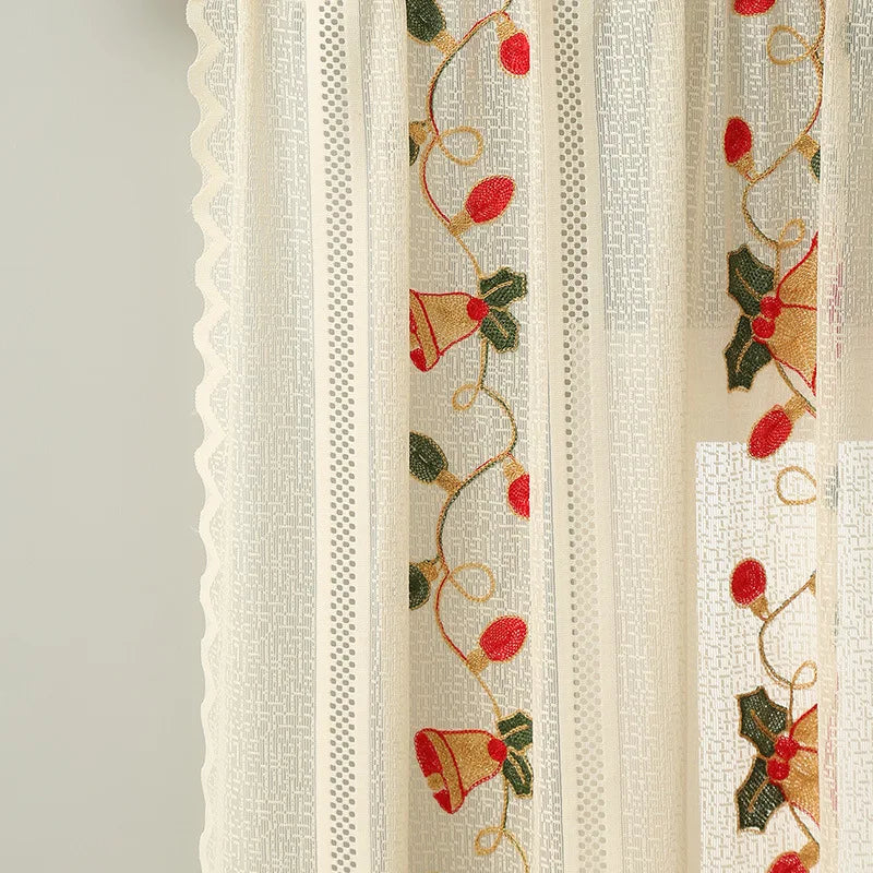 Qfdian 78 Inch Christmas Sheer Curtains for Living Room Bedroom Lace Beige Bells Embroidery Home Decorations Rod Pocket Window Curtains