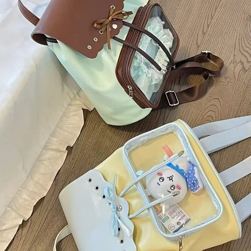 Qfdian Patchwork Contrast Color Zipper Bow Backpacks Fashion Sweet Kawaii Students Schoolbags Y2k Aesthetic Chic Transparent Schoolbags
