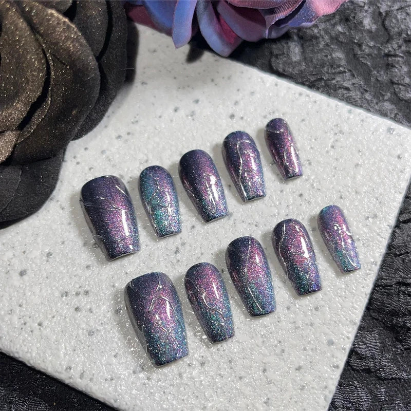 Qfdian Luxurious Handmade Press on Nails Fake Nails Blue Purple Quicksand Cat Eye Wearable Nails for Men Women Designed with Glitter