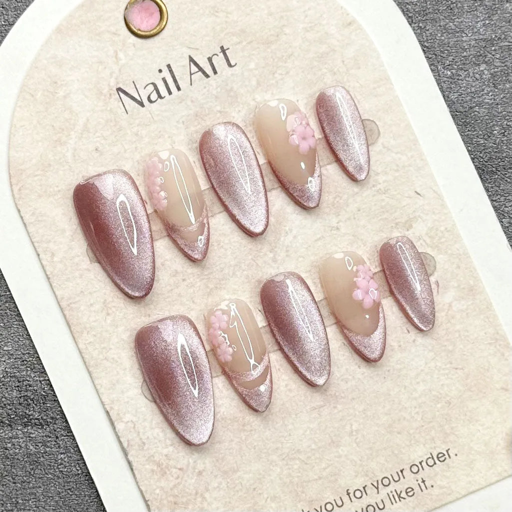 10pcs Handmade Press on Nails Purple Cat Eye Fake Nails for Girls Women Wearable Detchable Sweet Flower Almond False Nails