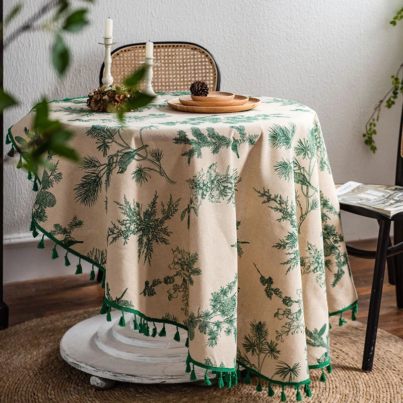Qfdian Green Leaves Print Round Tablecloth Cotton Linen Boho Table Cloth with Tassels for Kitchen Restaurant Christmas Party Decoration