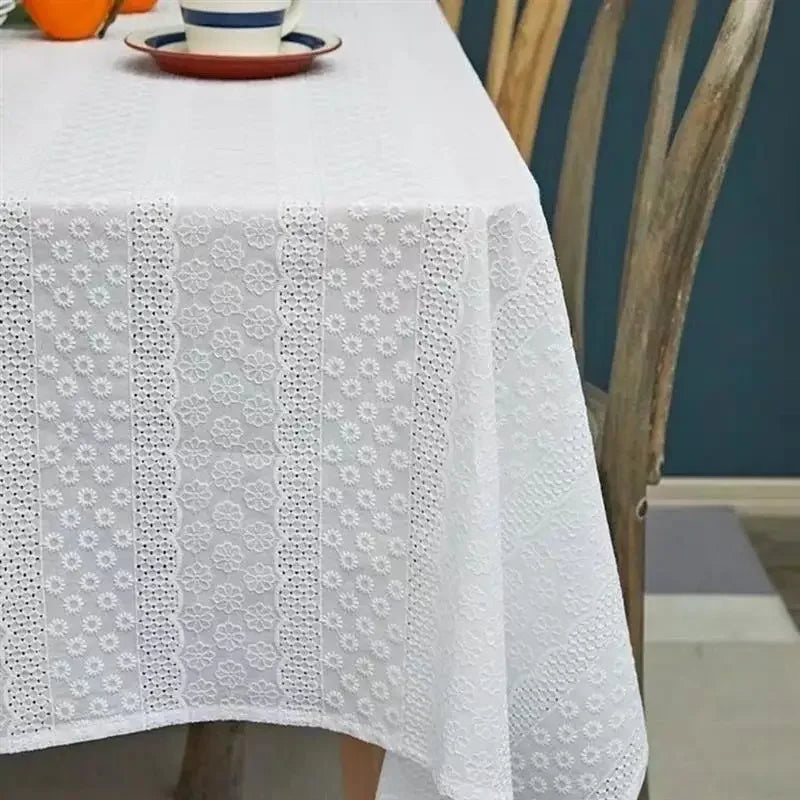 Qfdian White Cotton Tablecloths Lace Rectangle Dust-Proof Table Cover for Birthday Party Kitchen Dinner Baby Shower Wedding Decorations