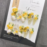 Qfdian Spring Cute Press on Nails White Rabbit Yellow Flower Gold Gem Glitter Nail Art Flexible Comfortable Durable for Women Girls