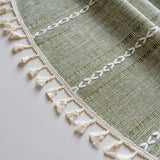 Qfdian Green Round Tablecloth Striped Embroidered Table Cover Farmhouse Tassel Table Cloth for Table Kitchen Dining Room Tabletop Decor