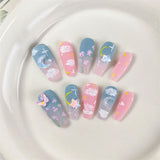 Qfdian Oil Painting Handmade Press on Nails Design Cute Fake Nails Design Butterfly Moon Stars Wearable Adhesive Women False Nail Tips