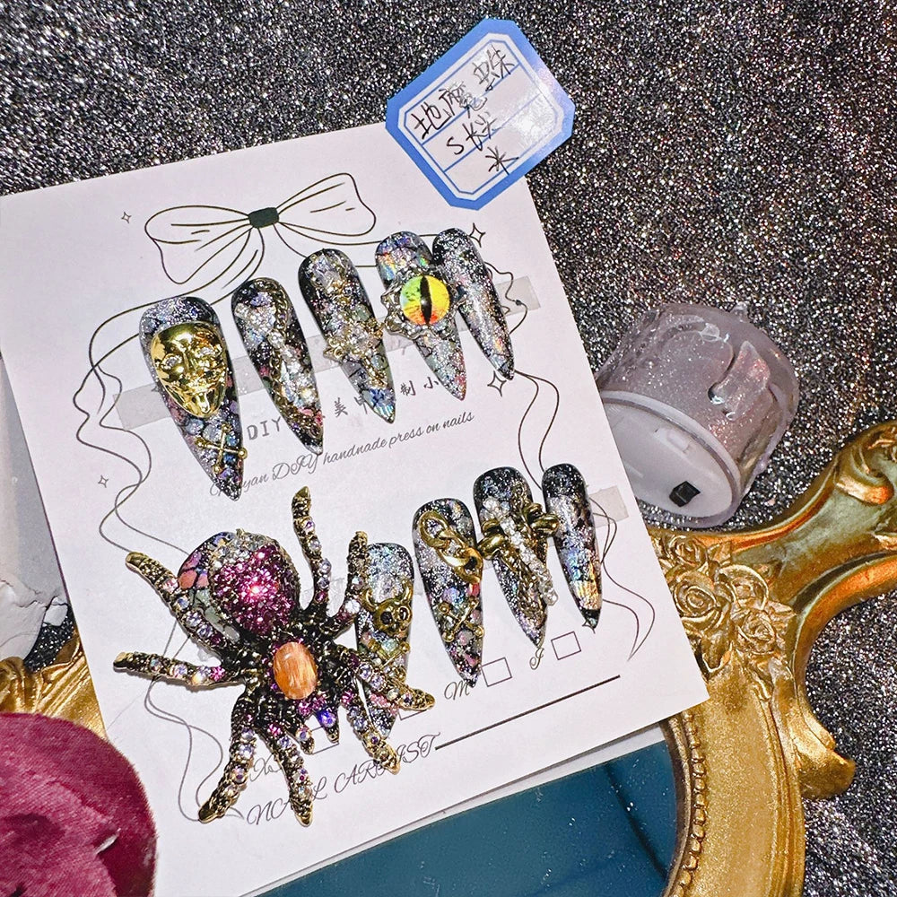 Qfdian 10Pcs High Quality Handmade Press on Nails Earth Demon Spider Dark Super Flash Exaggerated Spider Spicy Girl Personality Gothic