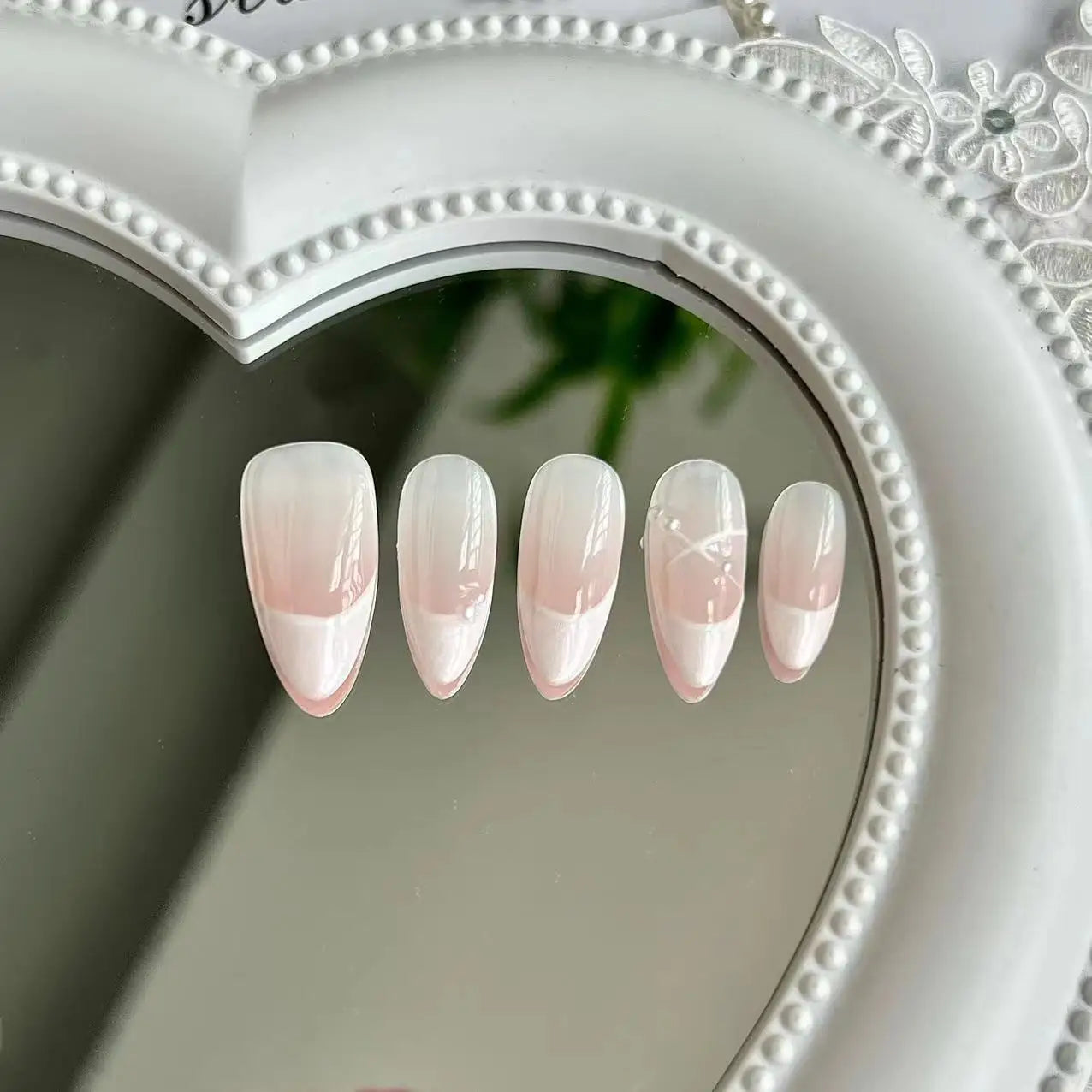 Qfdian Handmade Pink French False Press On Nails Full Cover Ballerina Almond Manicuree Decoration Wearable Artificial Nails