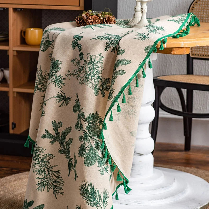 Qfdian Green Leaves Print Round Tablecloth Cotton Linen Boho Table Cloth with Tassels for Kitchen Restaurant Christmas Party Decoration