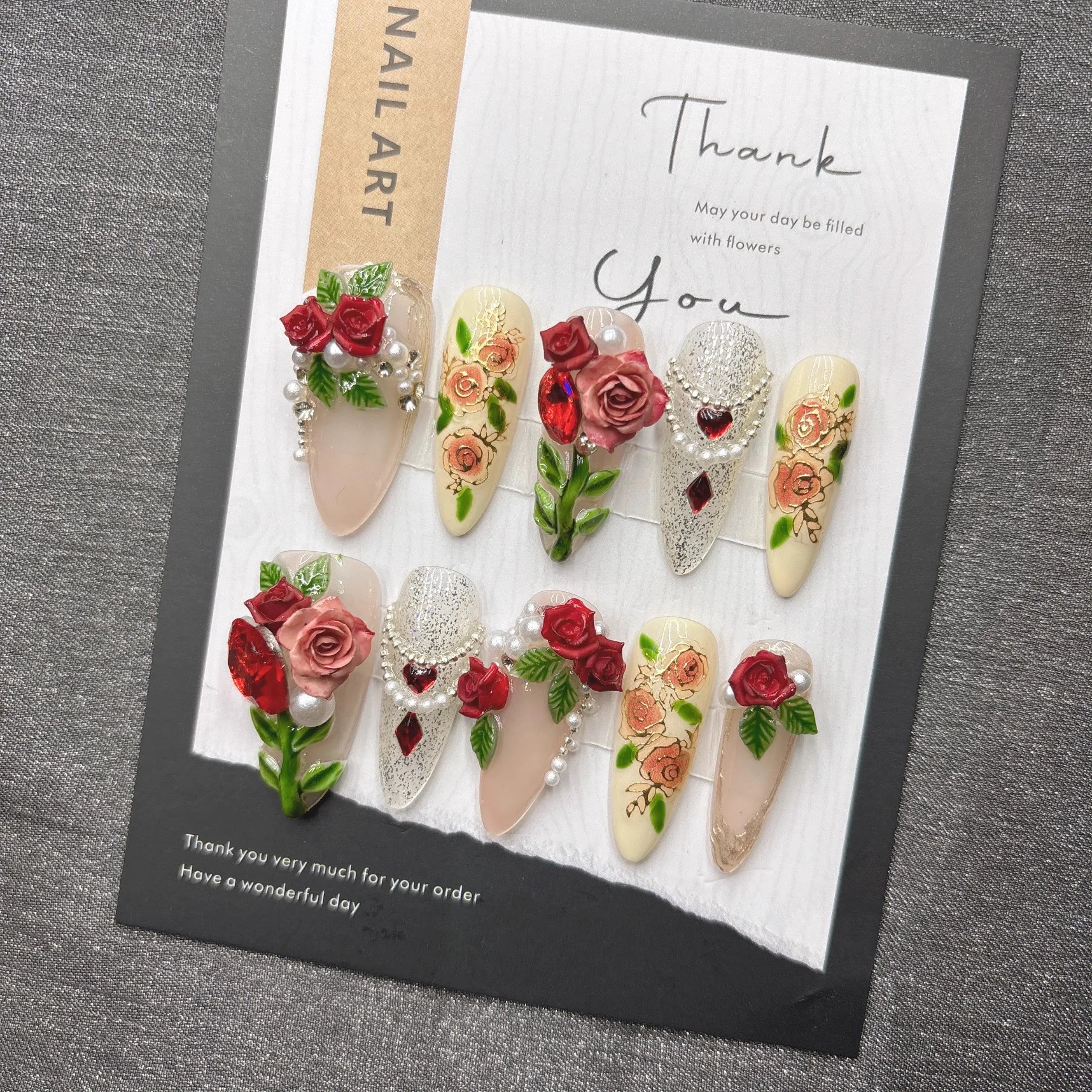 Qfdian Elegant Floral Pearl Press on Nails with Rhinestones False Nails for Wedding Party Date Romantic Glamorous Acrylic Nails for Wom