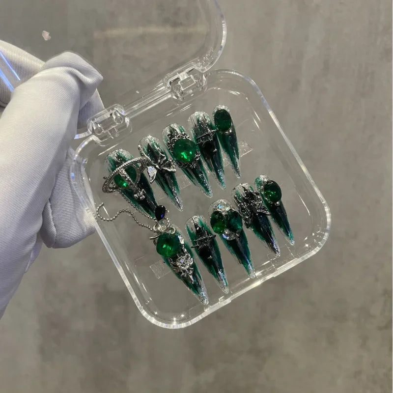 Qfdian 10Pcs High Quality Handmade Press on Nails Heavy Industry Diamond Decoration Luxury Dark and niche style Spicy Girl Nail Diamond