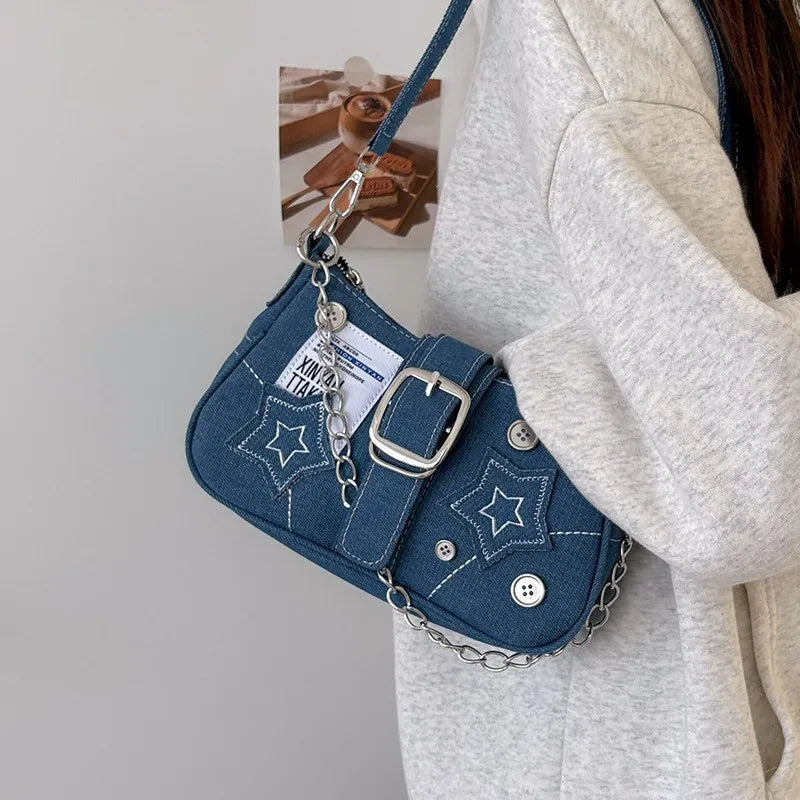 Qfdian Y2k Millennium Star Cowboy Underarm Bag Fashion Crescent Bag Canvas Handbag Chain Bag