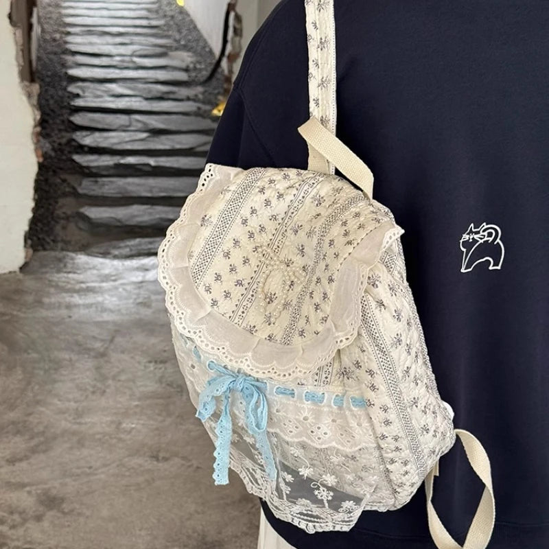 Qfdian Korean Lace Patchwork Sweet Bow Backpack Women Students Chic Flower Print Bow Schoolbags Y2k Aesthetic Girls All Match Backpacks