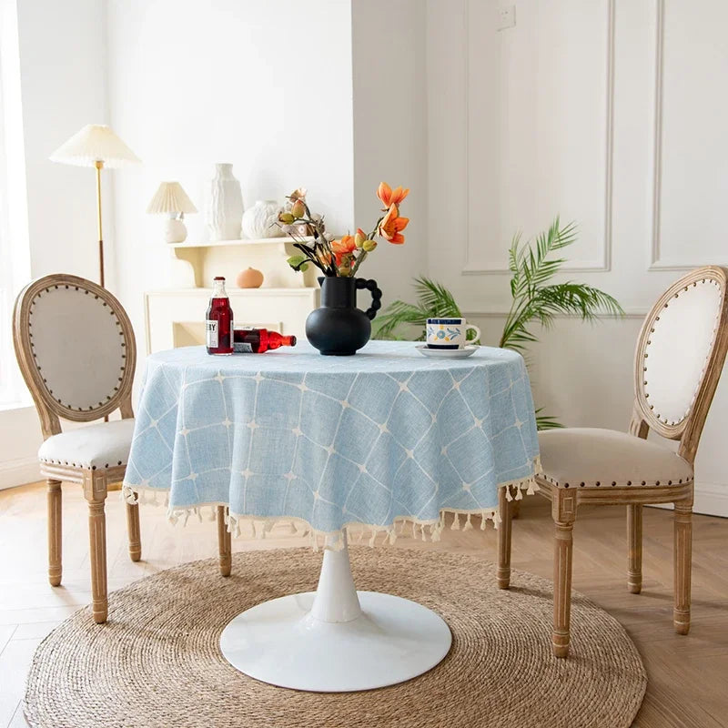 Qfdian Round Tassel Plaid Tablecloths Heavy Weight Cotton Linen Fabric Dust-Proof Table Cover Kitchen Dining Party Tabletop Decorations