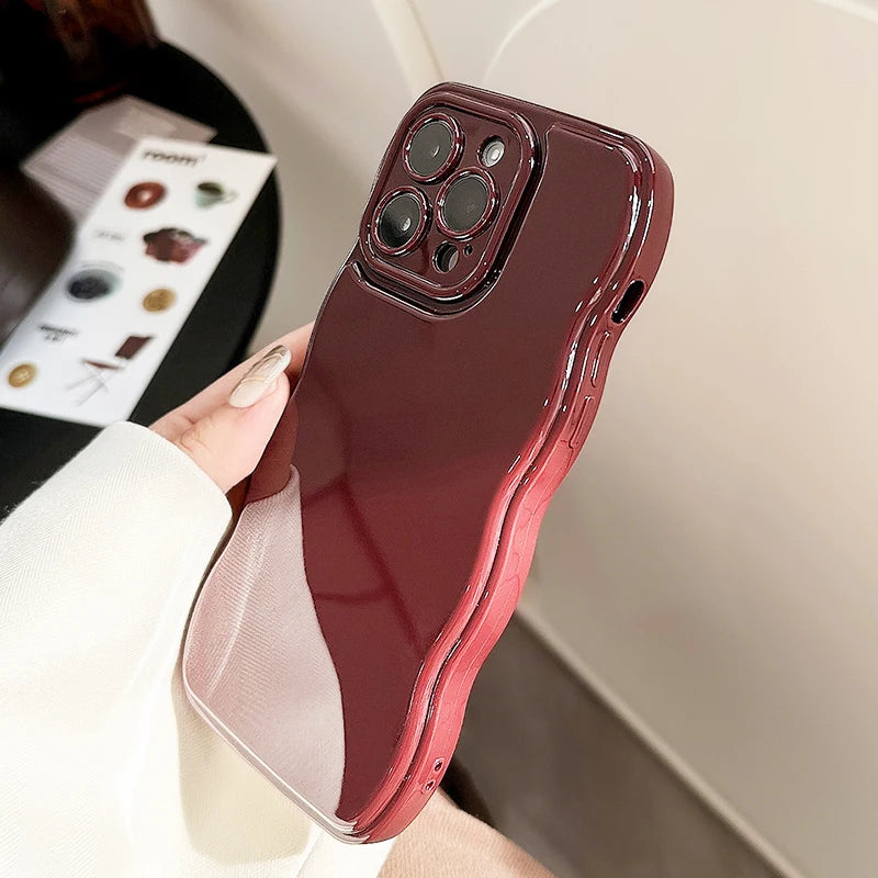 Qfdian Retro Wine Red Wavy Edge Bumper Phone Case For iPhone 16 Pro Max 15 13 11 12 14 Plus Soft Silicone Back Cover Shell