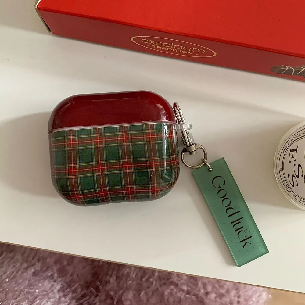 Qfdian Retro Style Grid Pattern Gloss Soft Cover Case for AirPods 4/3/2/1 Pro 2 Wireless Bluetooth Earphone Shell Good Lucky Pendant