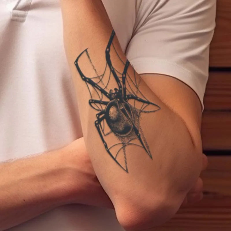 Qfdian Black Spider Temporary Tattoo Stickers Waterproof Long Lasting One Week To Two Weeks,realistic, For Men Neck Arm Chest