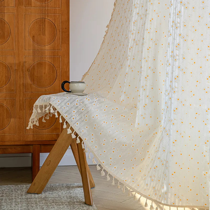 Qfdian Korean Daisy Curtain Road Pocket Shade Bohemian Tassel Curtain for Kitchen Bedroom Living Room Kids Semi Blackout Window Curtain