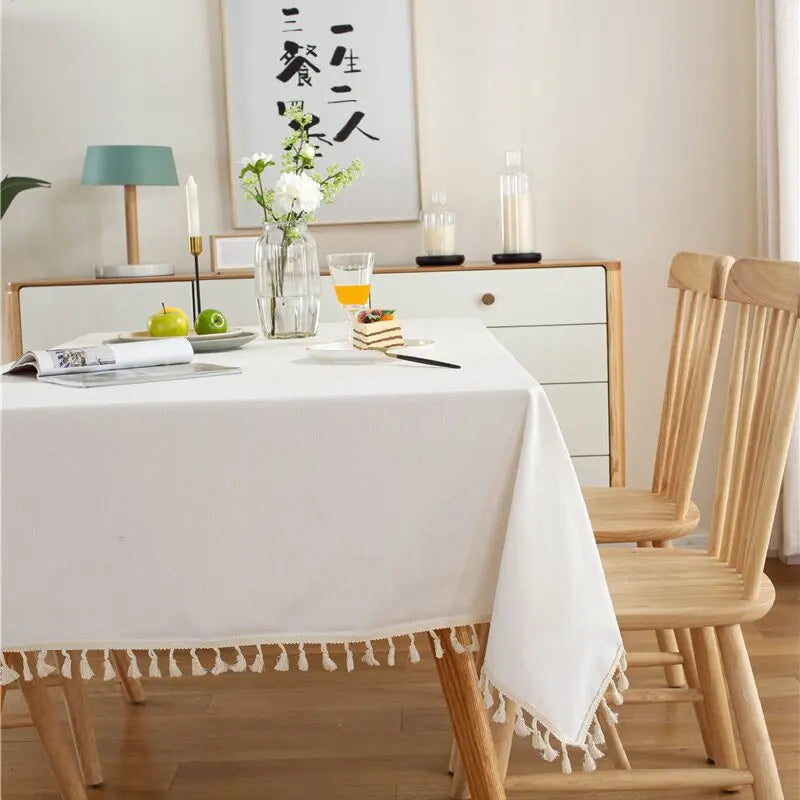Qfdian White Cotton Rectangle Tablecloth Fabric Tassel Farmhouse Washable Table Cover for Kitchen Living Room Dinning Picnic Decoration