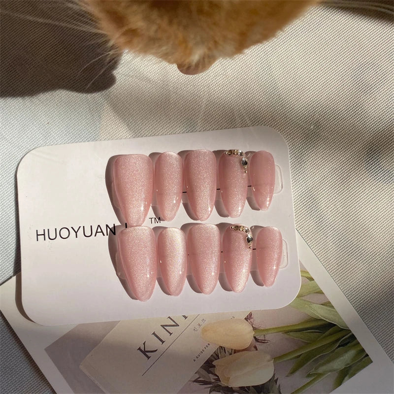 Qfdian Cat's Eye Handmade Fake Nails Press on Rose Gold Pink Manicure Wearable False Nails Full Cover Cute Almond Finger Tips for Woman