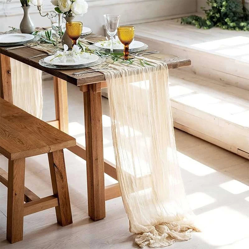 Qfdian Beige Table Runner Gauze Cheesecloth Rustic Sheer Boho Wedding Decoration Tablecloth Baby Shower Christmas Birthday Party Decors