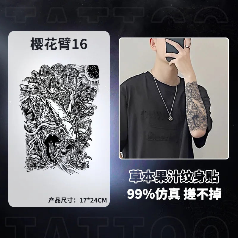 Qfdian Japanese Traditional Half Arm Herbal Juice Temporary Tattoo Stickers Sakura Leaf Lasting Art Fake Tattoo Men Women Faux Tatouage