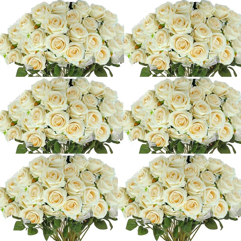 Qfdian 100PCS White Roses Artificial Flowers Bulk Fake Velvet Roses with Bendable Long Stems for Wedding Home Arrangement Event Parties