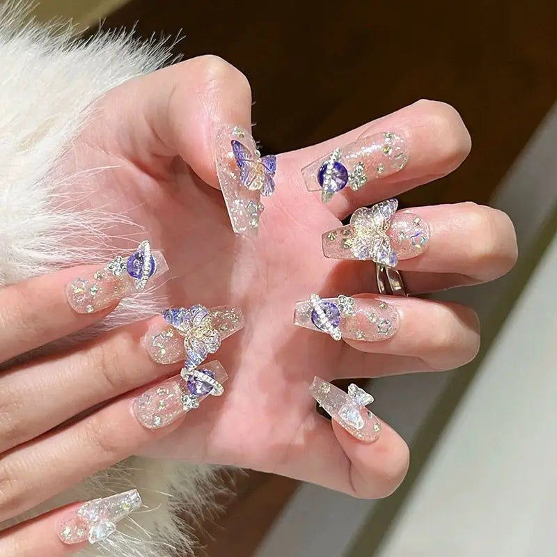 Qfdian 10Pcs Handmade Press On Nails Big Planet Designed Fake Nails with Butterfly Art Glitter False Coffin Nails Diamond Wearable Tips