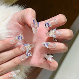 Qfdian 10Pcs Handmade Press On Nails Big Planet Designed Fake Nails with Butterfly Art Glitter False Coffin Nails Diamond Wearable Tips