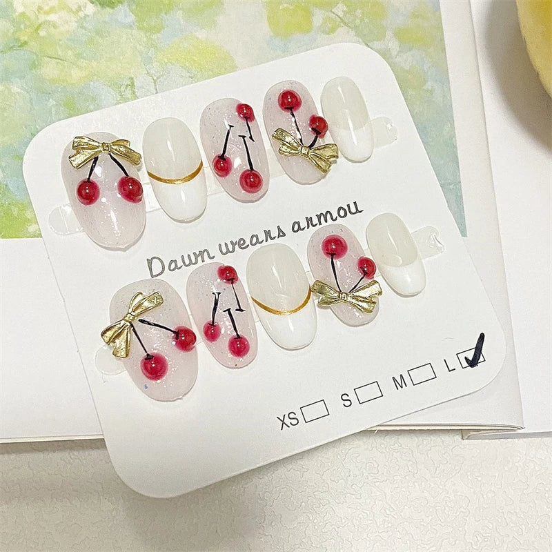 Qfdian Handmade Cute Press On Nails Short Oval Cherry Artificial Fake Nails Bowknot French Summer False Nails Charms Manicure Design