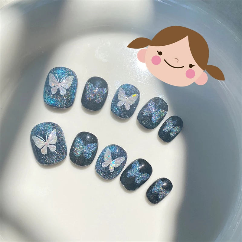 Qfdian Handmade Glitter Fake Nails Press On Nails Luxury Short Cat Eye Reusable Wearable Blue Ballerina False Nails Cute Finger Tips